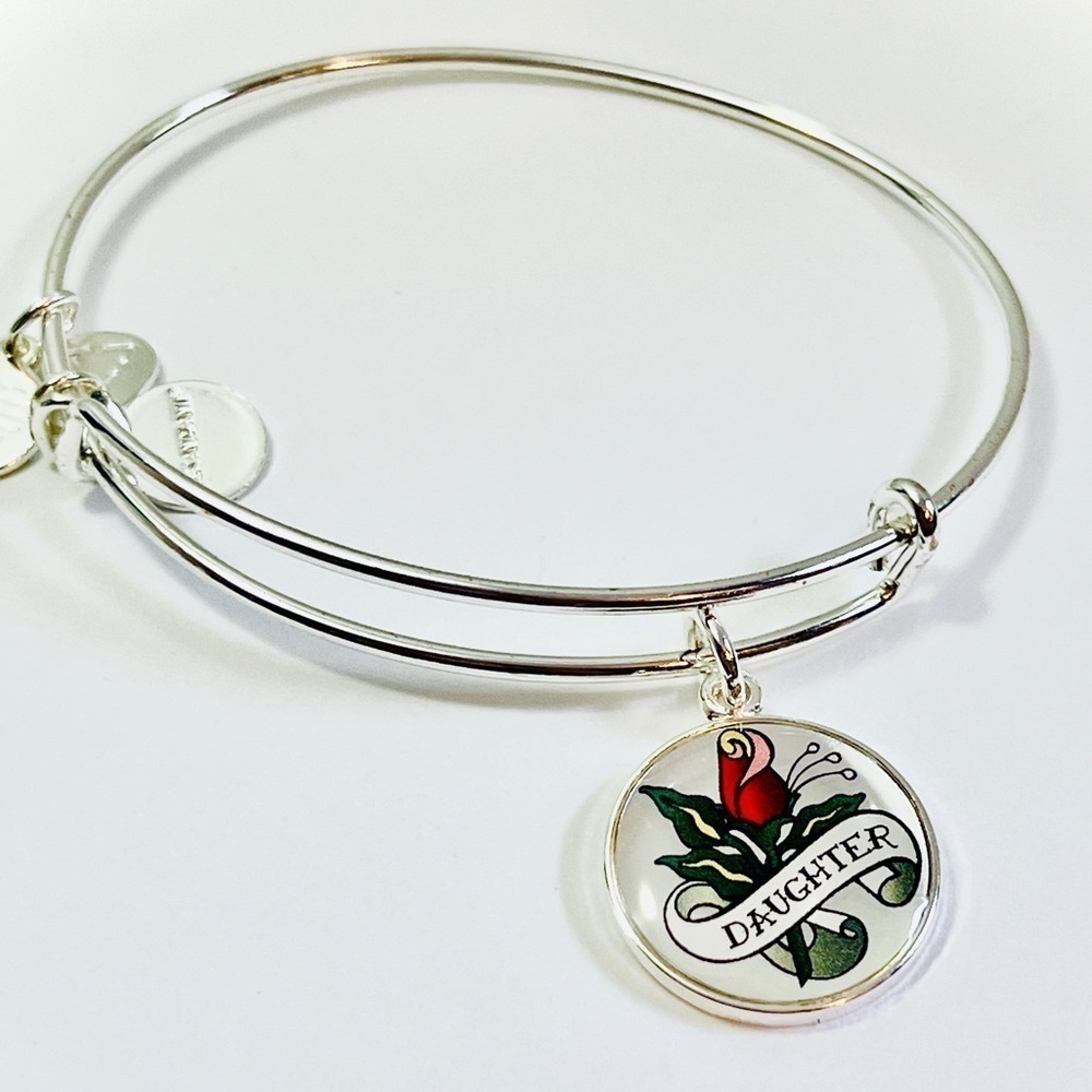 Alex and Ani “Daughter” Rose Tattoo Expandable Charm Bracelet, Shiny Silver